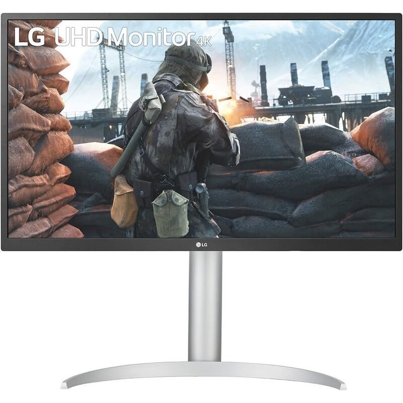 Front view of the LG 27UP550N-W 27-inch 4K UHD IPS monitor in white showing the display and stand on a white background