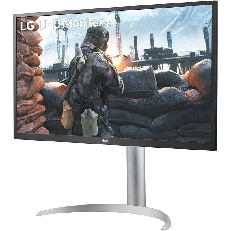 Angled view of the LG 27UP550N-W 27-inch 4K UHD monitor in white highlighting the slim bezels and adjustable stand