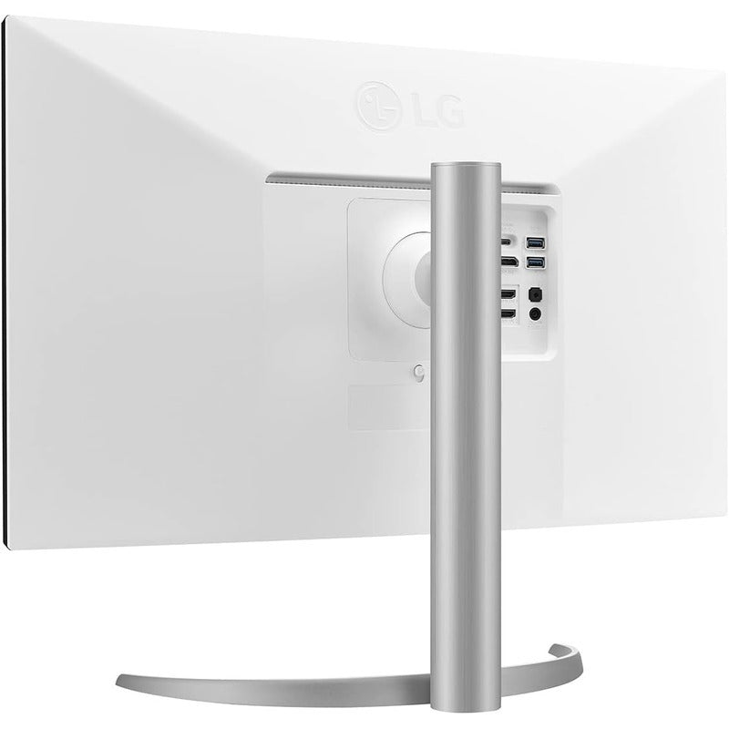 Side profile of the LG 27UP550N-W 27-inch 4K UHD monitor in white showing the stand and slim panel depth