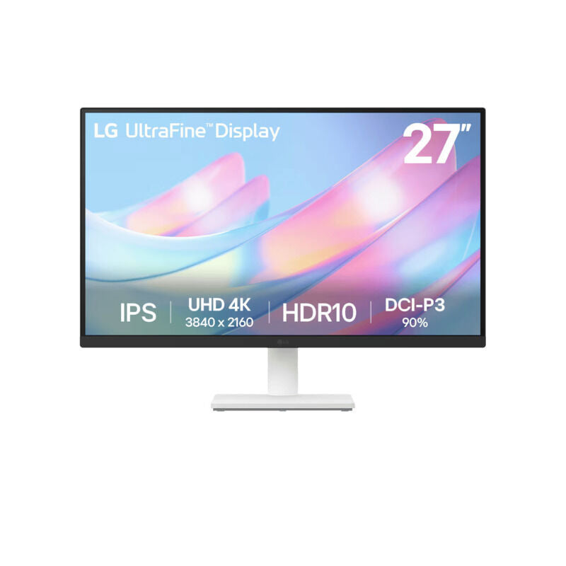 Front view of the LG 27US500-W 27-inch UHD 4K IPS monitor in white showing the display and stand on a white background