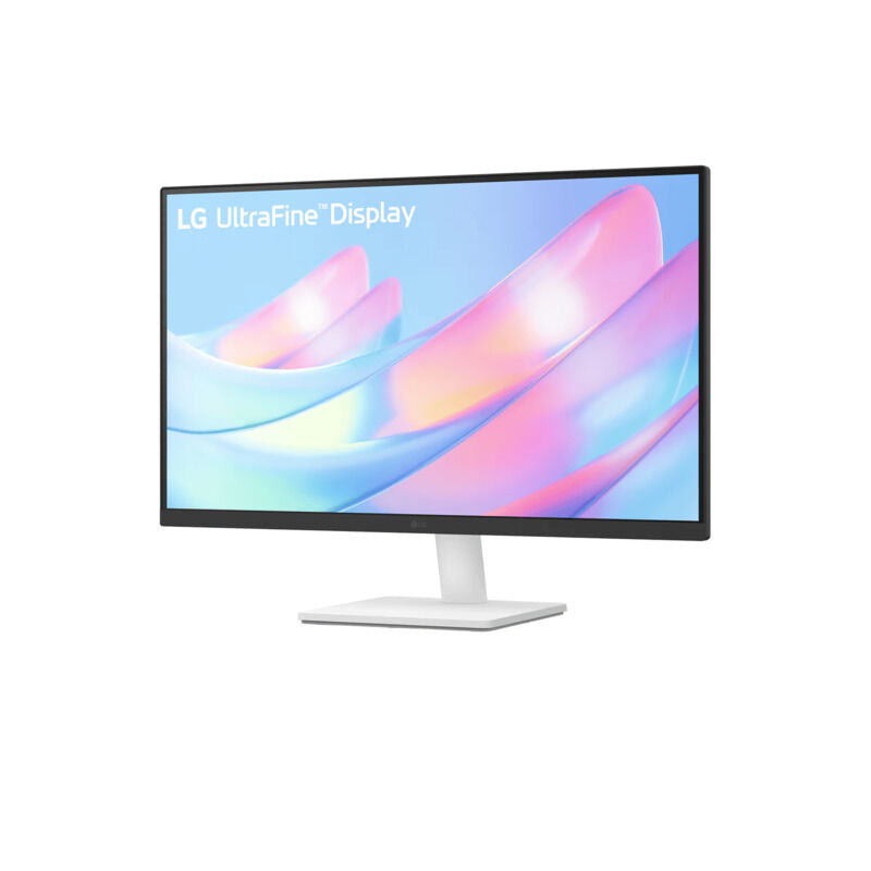 Angled view of the LG 27US500-W 27-inch 4K monitor in white highlighting the slim three-side virtually borderless design