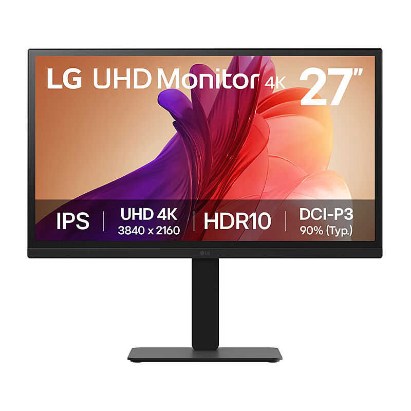 Front view of the LG 27BA45U-B 27-inch UHD 4K IPS monitor in black showing the display and stand on a white background