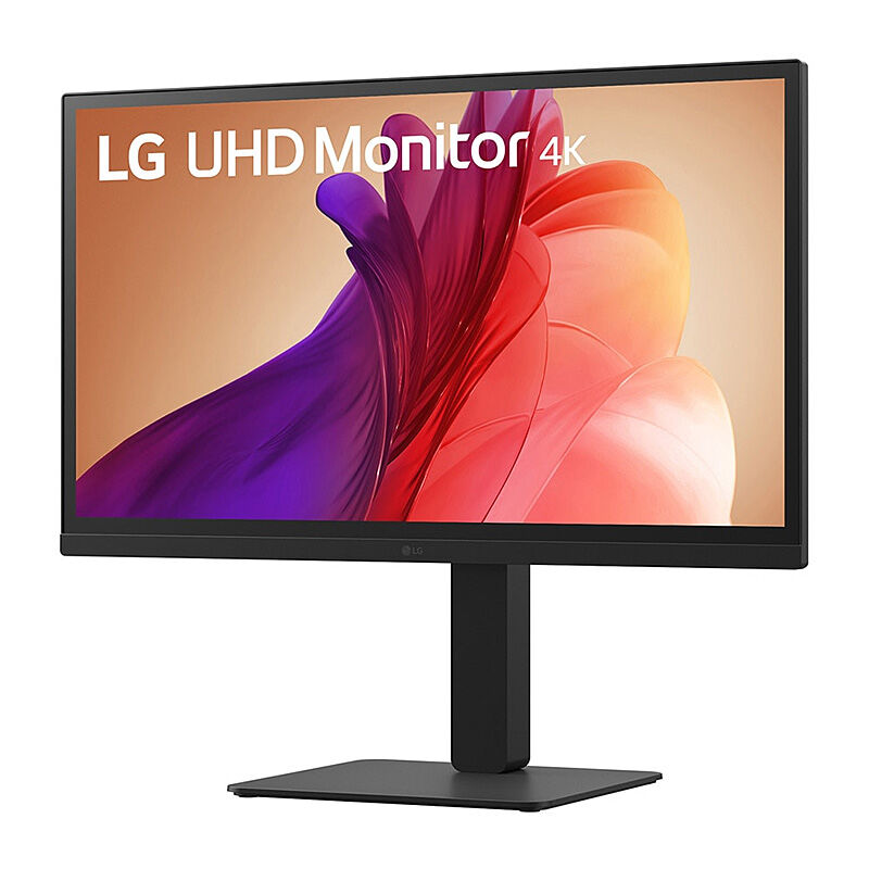 Angled view of the LG 27BA45U-B 27-inch 4K monitor highlighting the slim profile and adjustable stand