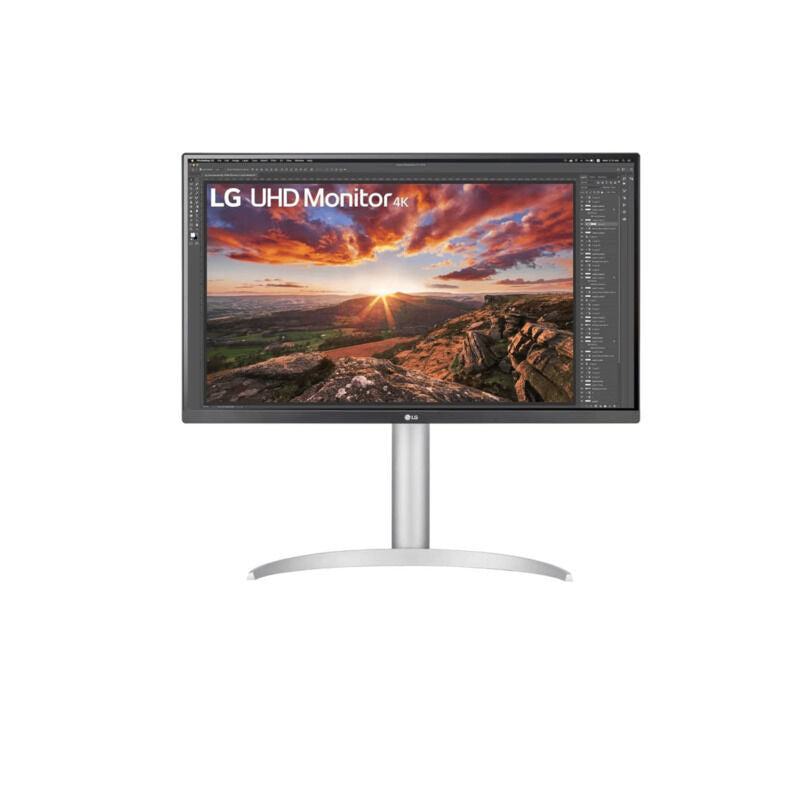 Front view of the LG 27UP850K-W 27-inch UHD 4K IPS monitor with USB-C in white showing the display and stand on a white background