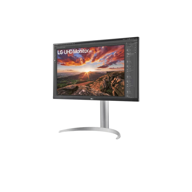 Angled view of the LG 27UP850K-W 27-inch 4K monitor in white highlighting the slim profile and adjustable stand