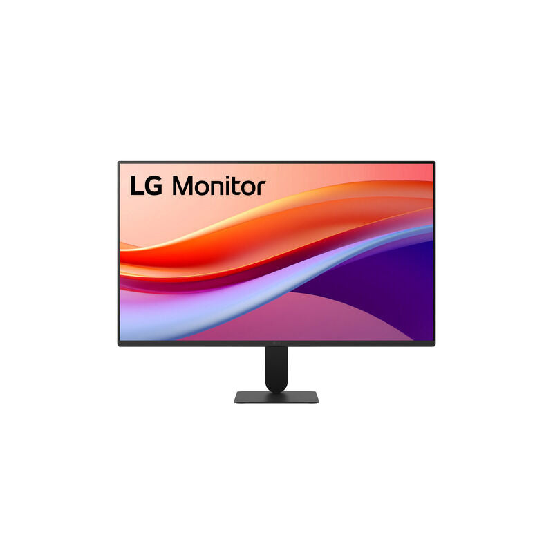 Front view of the LG 27U411-B 27-inch Full HD 120Hz IPS monitor showing the borderless display and stand on a white background