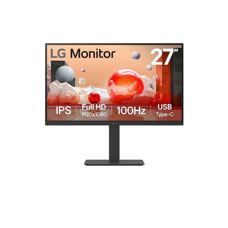 Front view of the LG 27BA650-B 27-inch Full HD IPS monitor showing the display and adjustable stand on a white background