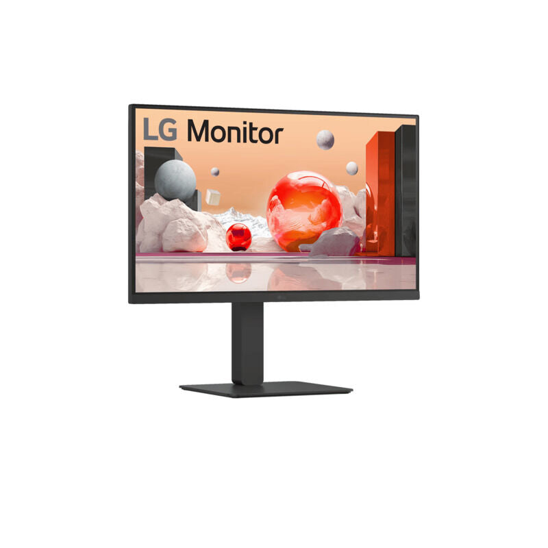 Angled view of the LG 27BA650-B 27-inch monitor highlighting the slim profile and height-adjustable stand