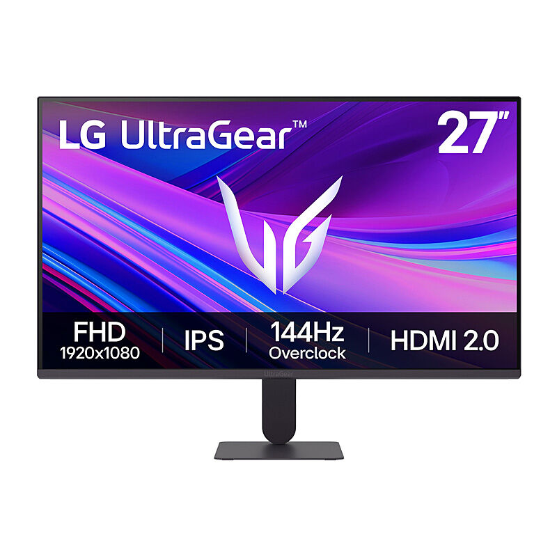 Front view of the LG 27G411A-B 27-inch Full HD IPS gaming monitor in black showing the borderless display and stand on a white background