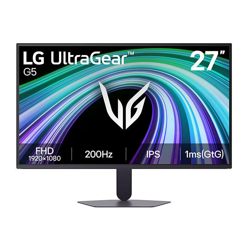 Front view of the LG 27G523B 27-inch Full HD IPS gaming monitor showing the 165Hz display and slim three-side bezels on a black stand against a white background
