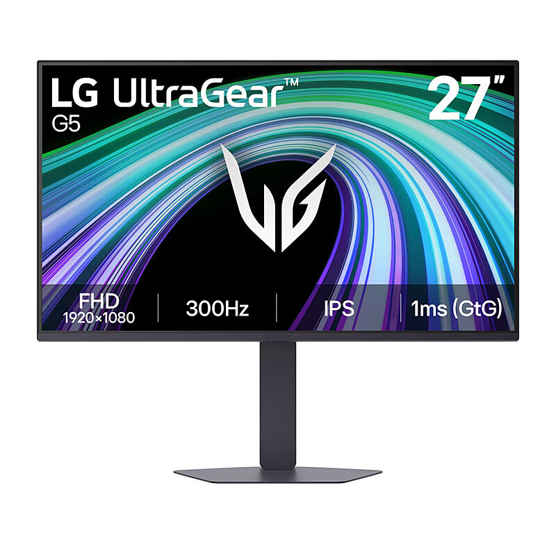 Front view of the LG 27G550F-B 27-inch Full HD IPS gaming monitor in black showing the display and stand on a white background