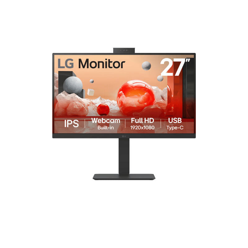 Front view of the LG 27BA850-B 27-inch Full HD IPS monitor showing the built-in webcam, display and adjustable stand on a white background