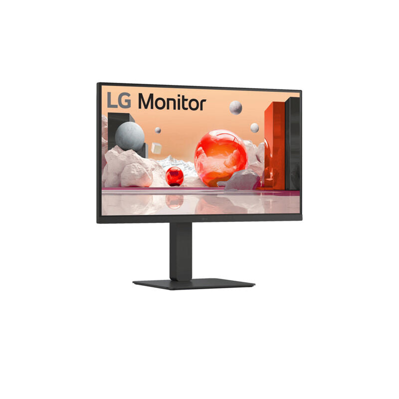 Angled view of the LG 27BA850-B 27-inch monitor highlighting the webcam, slim profile and adjustable stand