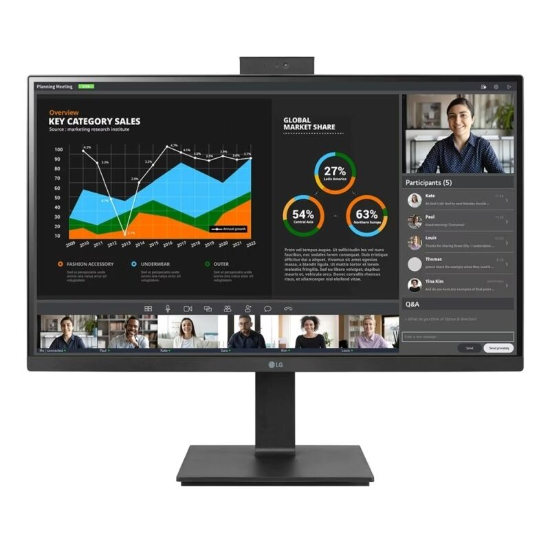 Front view of the LG 27BQ75QC-B 27-inch QHD IPS monitor showing the display, built-in webcam above the top bezel and adjustable stand on a white background