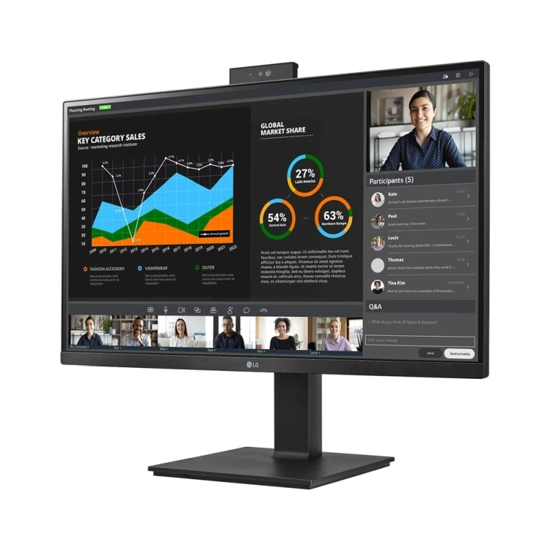 Angled view of the LG 27BQ75QC-B 27-inch QHD monitor highlighting the slim bezels, pop-up webcam and height-adjustable stand