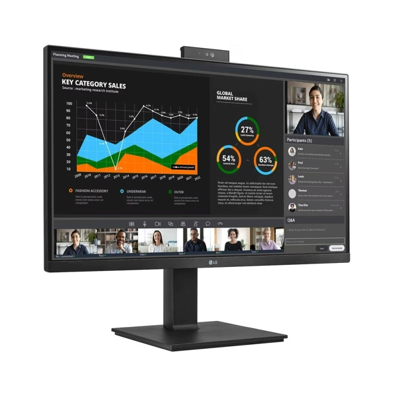 Rear view of the LG 27BQ75QC-B 27-inch monitor showing the USB-C, HDMI, DisplayPort, USB-A and RJ45 ethernet connectivity