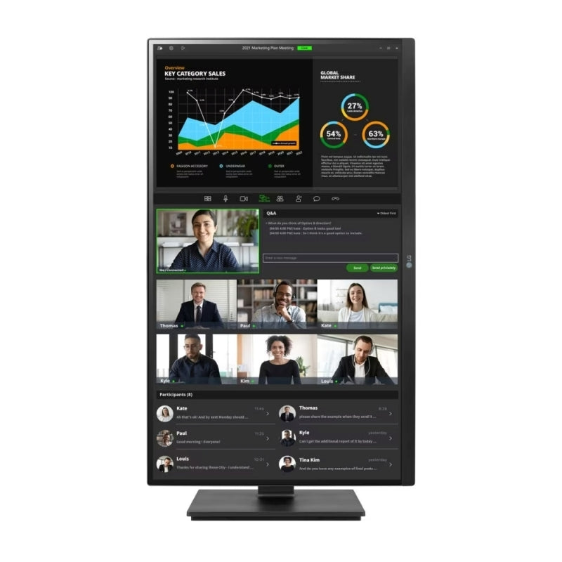 Side profile of the LG 27BQ75QC-B 27-inch monitor showing the tilt, height, swivel and pivot stand adjustment