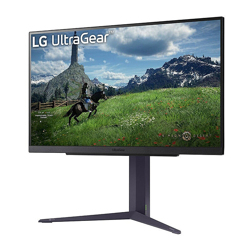 Front view of the LG 27GS85Q UltraGear 27-inch QHD Nano IPS gaming monitor showing the display and stand on a white background