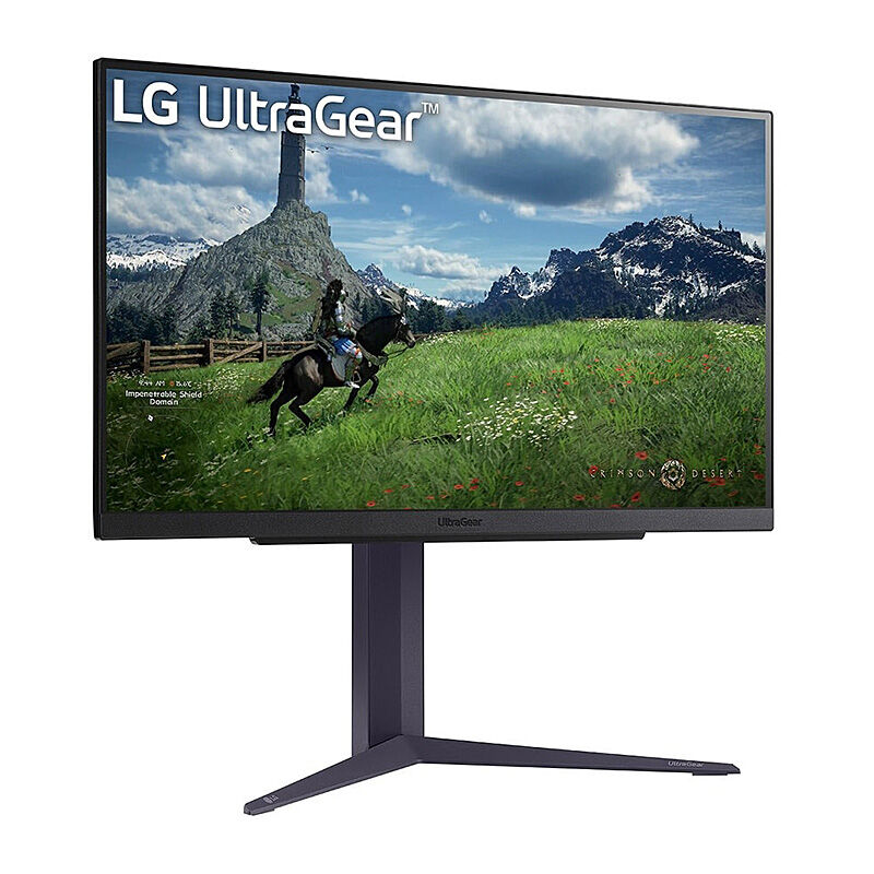 Angled view of the LG 27GS85Q 27-inch UltraGear gaming monitor highlighting the slim virtually borderless design and stand