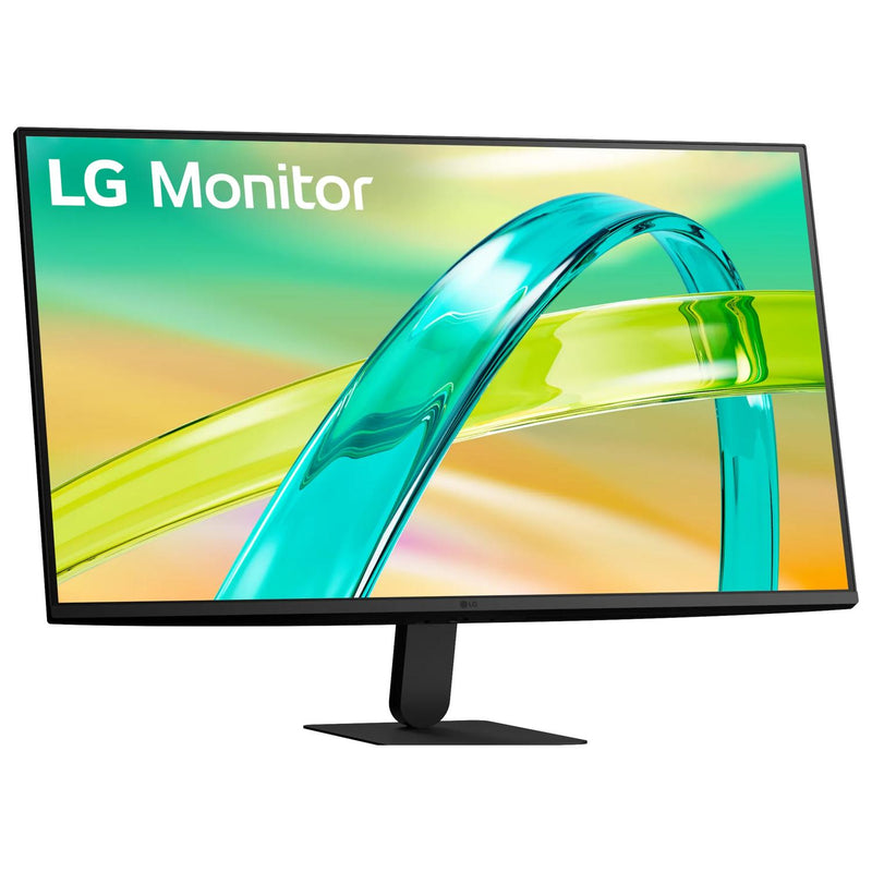 LG 32U401B-B monitor left three-quarter view showing rear edge and stand
