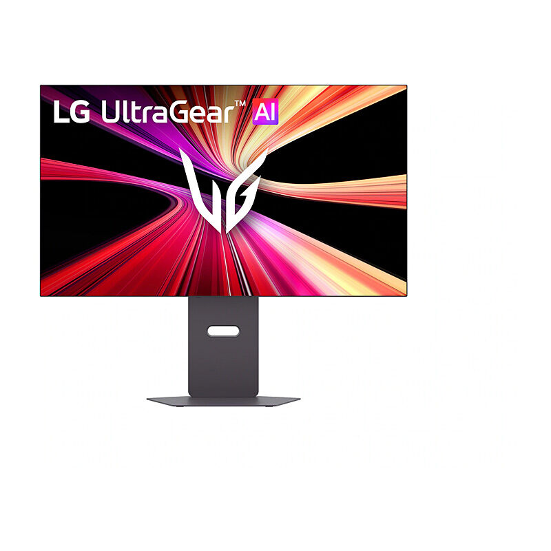 Front view of the LG 32GX870B-B 31.5-inch 4K OLED gaming monitor in black showing the display and stand on a white background