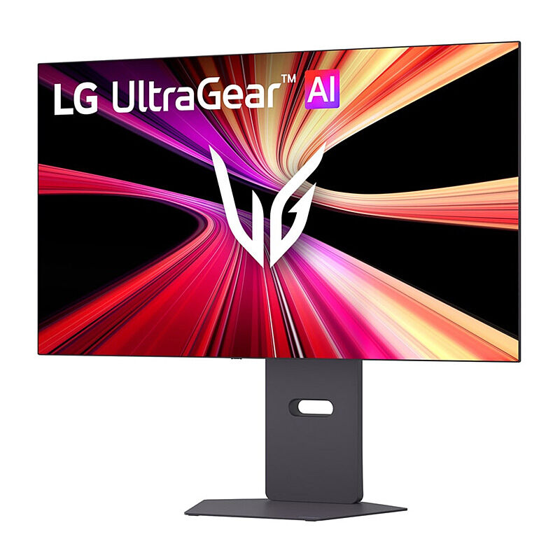 Angled view of the LG 32GX870B-B 31.5-inch OLED gaming monitor highlighting the slim profile and stand