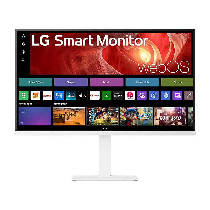 Front view of the LG 32U720SA-W 31.5-inch 4K smart monitor in white showing the display and stand on a white background