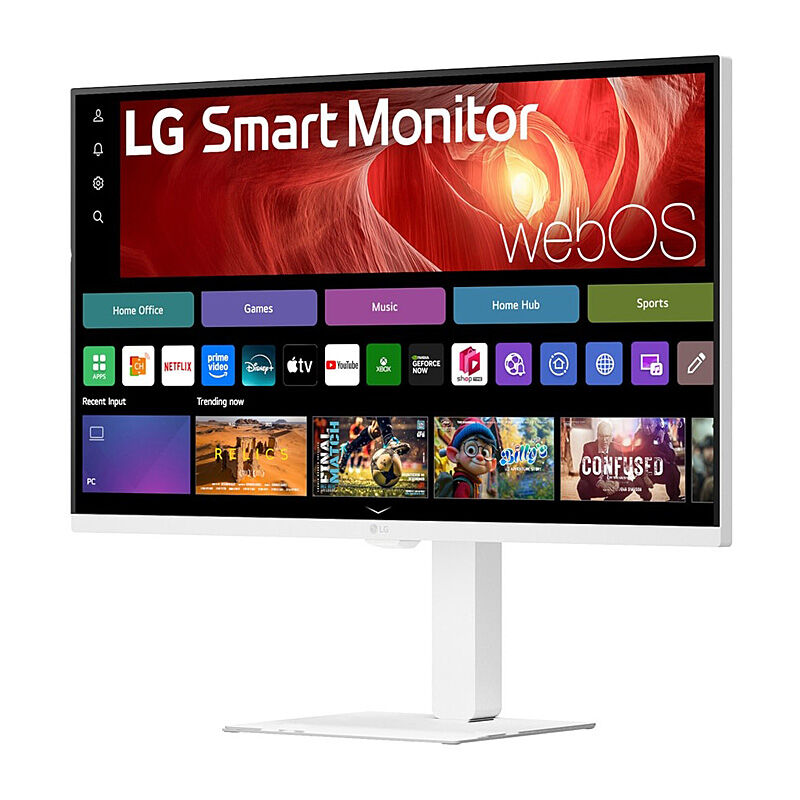 Angled view of the LG 32U720SA-W 31.5-inch 4K smart monitor highlighting the slim profile and stand