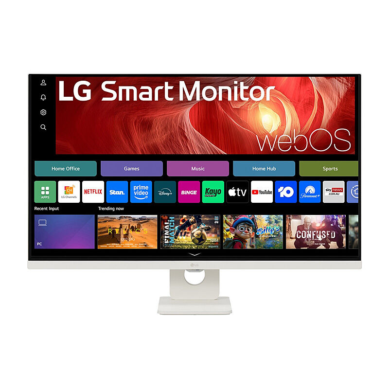 Front view of the LG 32U721SA-W 31.5-inch 4K smart monitor in white showing the display and stand on a white background