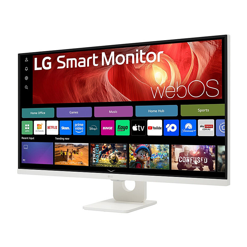 Angled view of the LG 32U721SA-W 31.5-inch 4K smart monitor highlighting the slim profile and stand