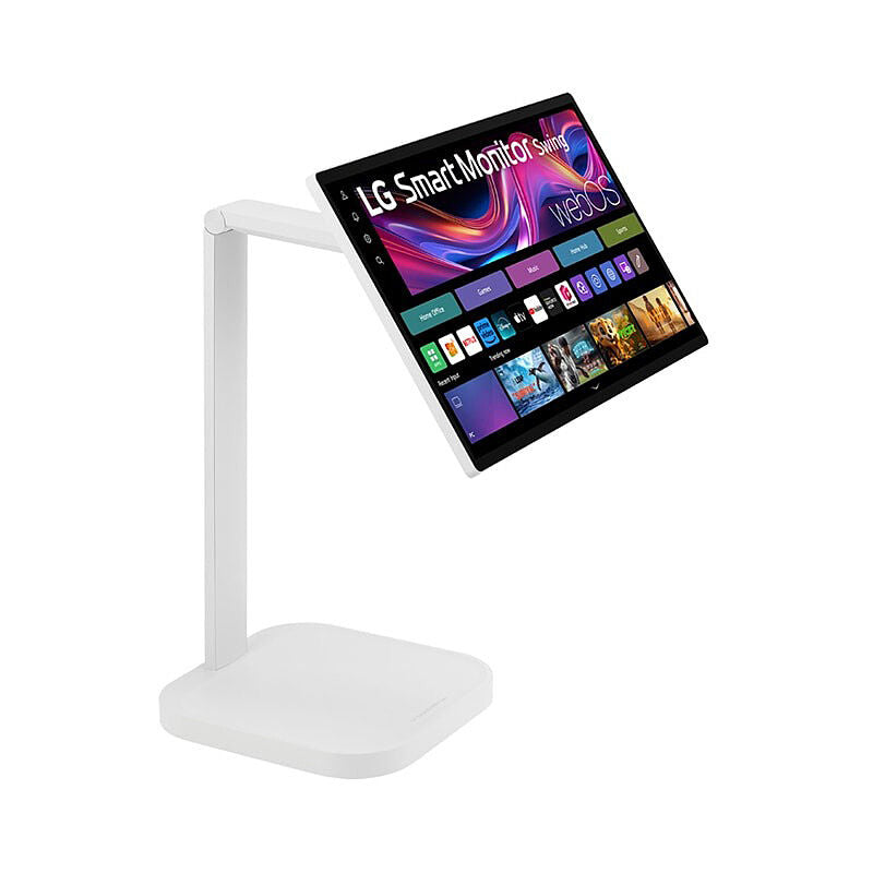 Front view of the LG 32U889SA-W 31.5-inch 4K smart monitor on its ergonomic swing-arm stand in white on a white background