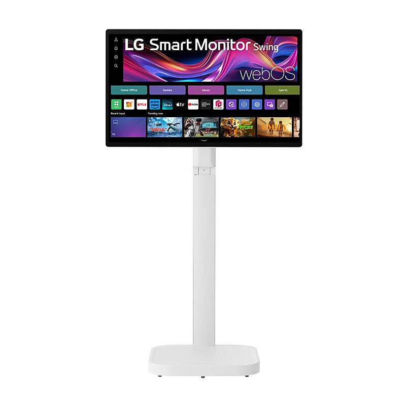 Angled view of the LG 32U889SA-W 31.5-inch 4K smart monitor highlighting the extendable swing-arm stand