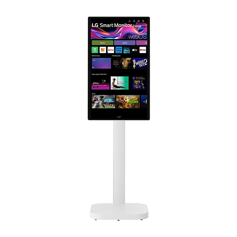 Rear view of the LG 32U889SA-W 31.5-inch smart monitor showing the swing-arm mount and input connectivity
