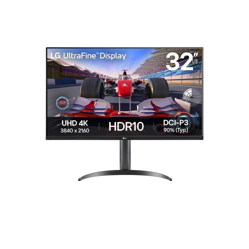 Front view of the LG 32UR550K-B 31.5-inch UltraFine 4K VA monitor showing the display and stand on a white background