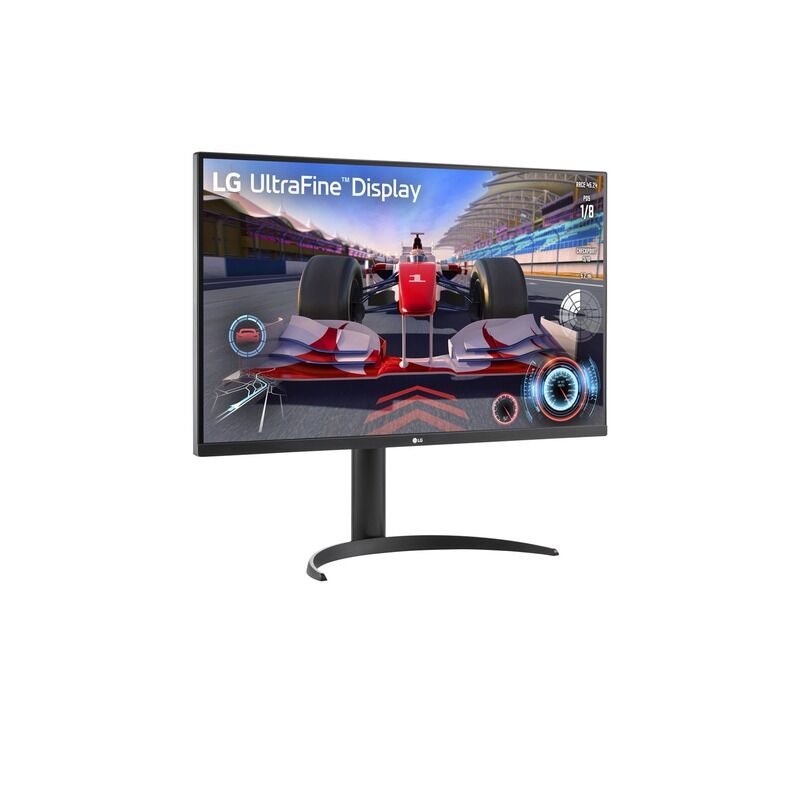 Angled view of the LG 32UR550K-B 31.5-inch 4K monitor highlighting the slim profile and adjustable stand
