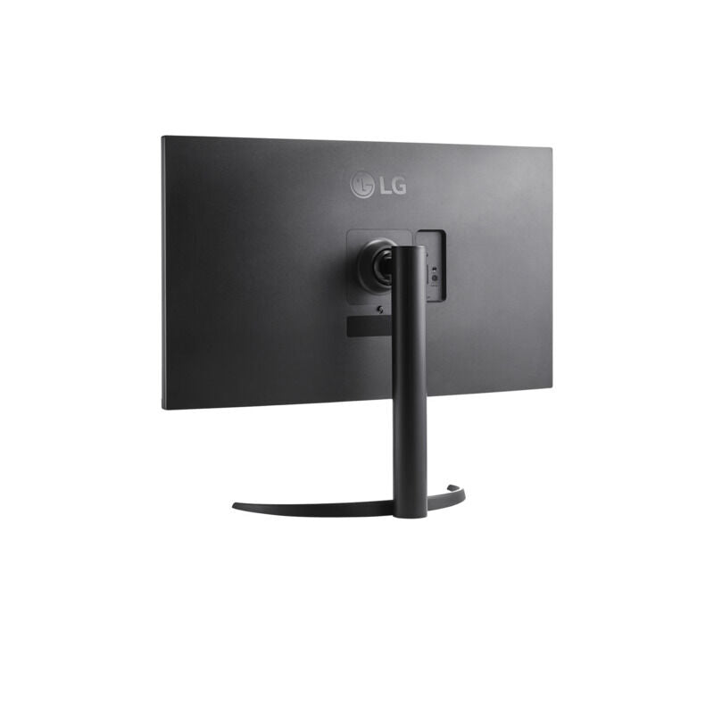 Side profile of the LG 32UR550K-B 31.5-inch monitor showing the height, pivot and tilt adjustable stand