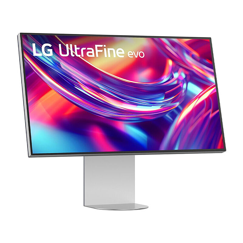 Angled view of the LG 32U990A-S 32-inch 6K monitor highlighting the slim profile and adjustable stand