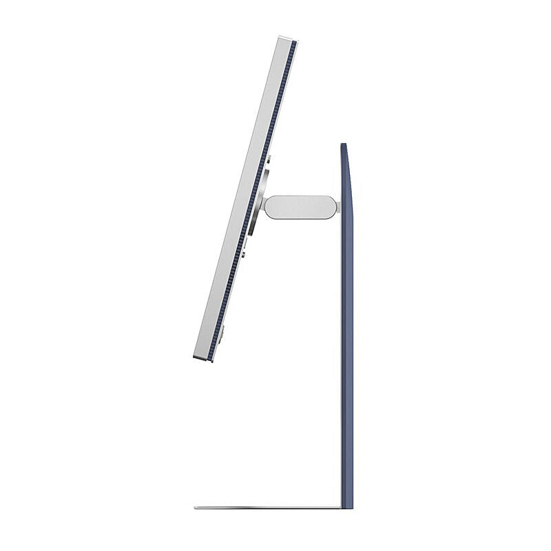 Side profile of the LG 32U990A-S 32-inch 6K monitor showing the adjustable stand and slim panel depth