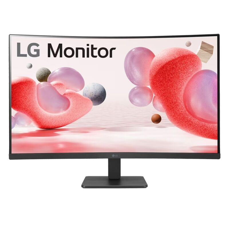 Front view of the LG 32MR50C-B 31.5-inch curved Full HD VA monitor showing the 1500R curved screen and stand on a white background