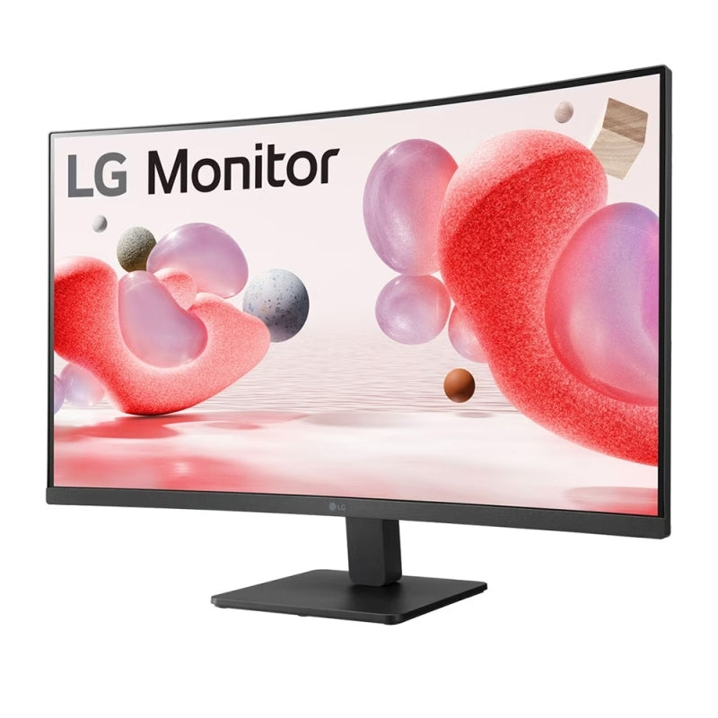 Angled view of the LG 32MR50C-B 31.5-inch curved monitor highlighting the 1500R curvature and slim profile