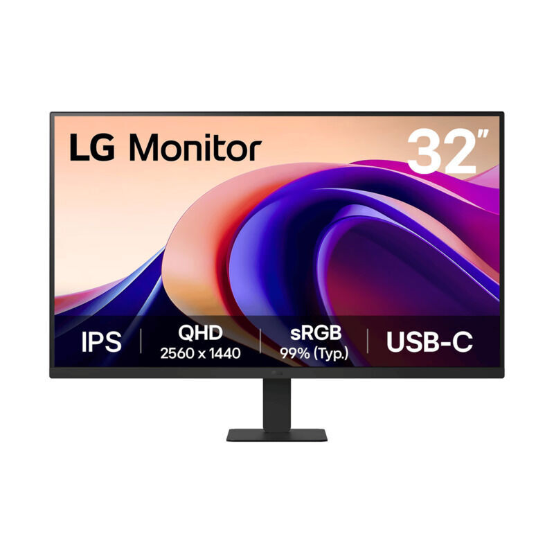 Front view of the LG 32U631A-B 32-inch QHD IPS monitor with USB-C showing the display and stand on a white background