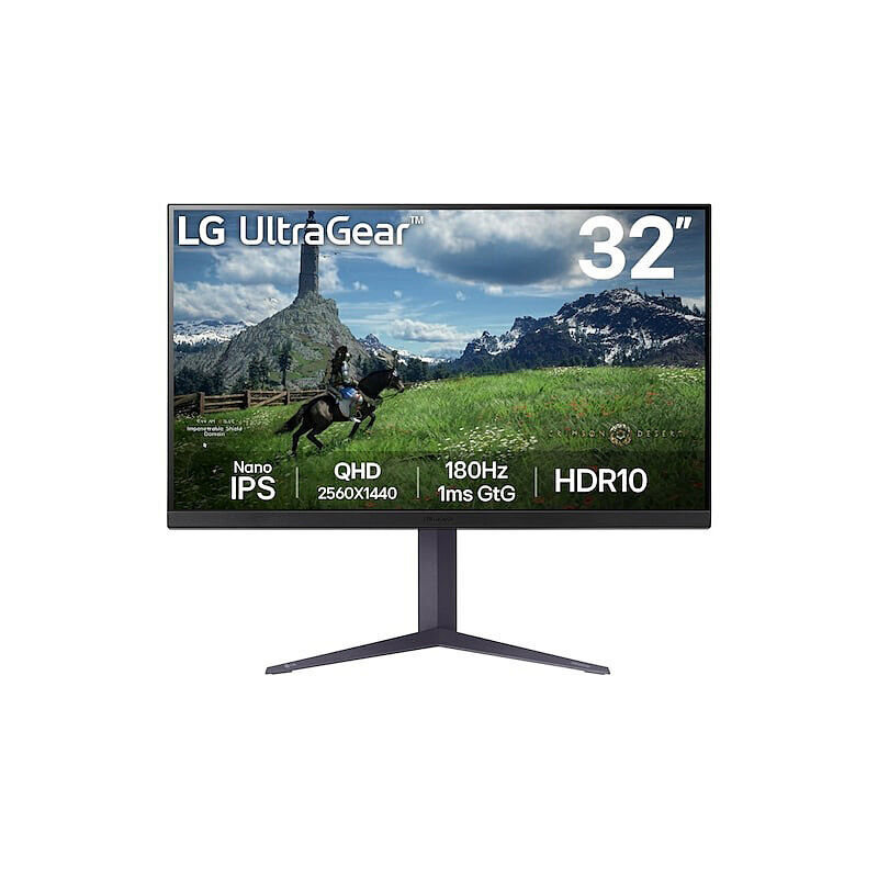 Front view of the LG 32GS85Q UltraGear 31.5-inch QHD Nano IPS gaming monitor showing the display and stand on a white background