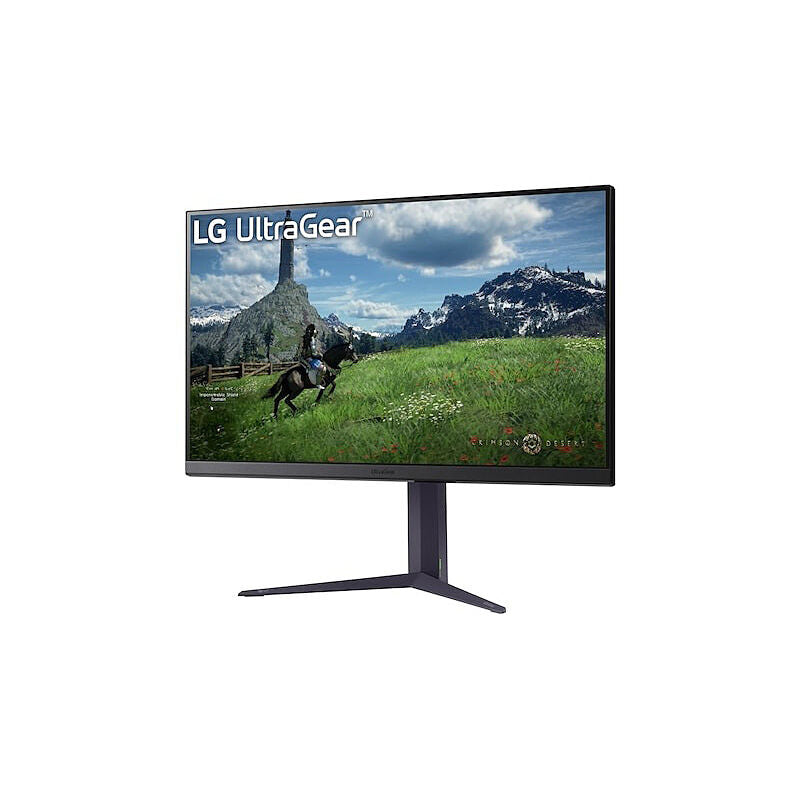 Angled view of the LG 32GS85Q 31.5-inch UltraGear gaming monitor highlighting the slim virtually borderless design and stand