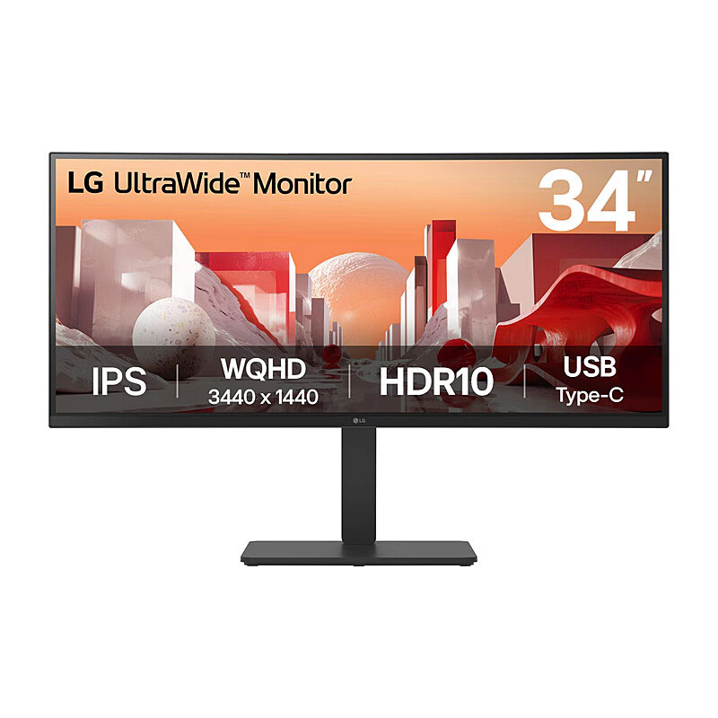 Front view of the LG 34BA75QE-B 34-inch curved WQHD ultrawide monitor in black showing the display and stand on a white background