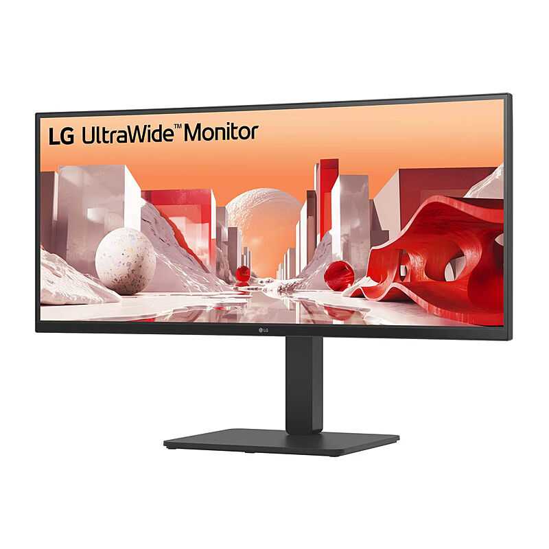 Angled view of the LG 34BA75QE-B 34-inch curved ultrawide monitor highlighting the curve and adjustable stand