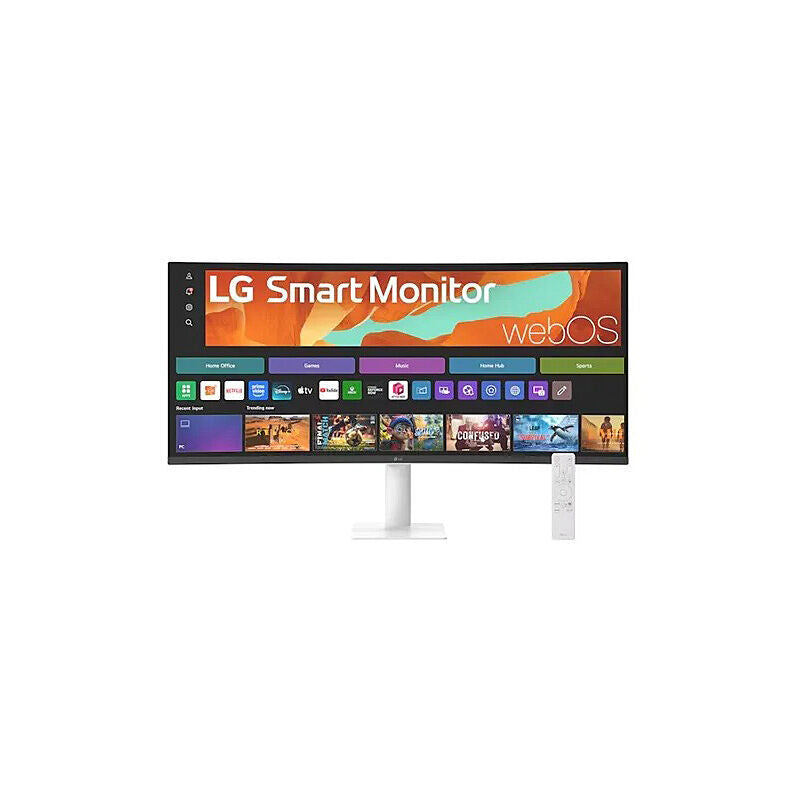 Front view of the LG 34U601SA-W 34-inch curved WQHD smart monitor in white showing the display and stand on a white background