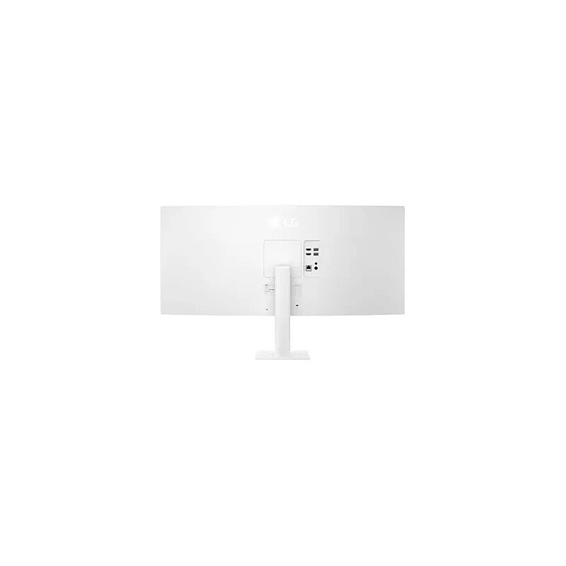 Angled view of the LG 34U601SA-W 34-inch curved smart monitor highlighting the ultrawide curve and stand