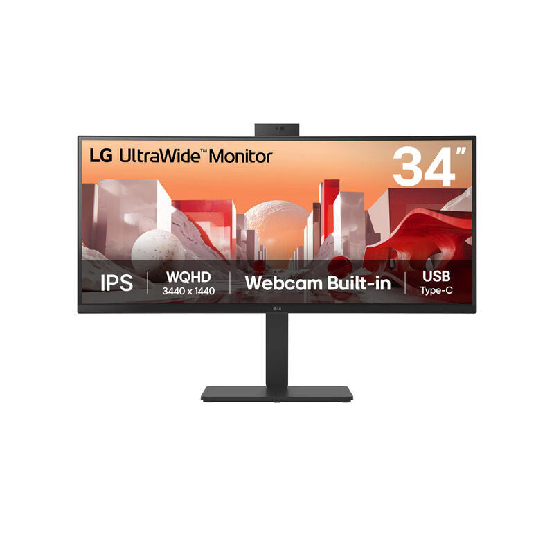 Front view of the LG 34BA85QE-B 34-inch curved WQHD ultrawide monitor showing the built-in webcam, display and stand on a white background