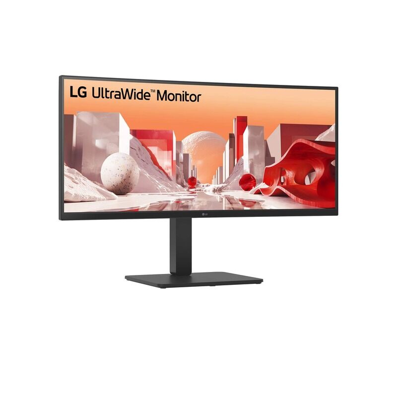 Angled view of the LG 34BA85QE-B 34-inch curved ultrawide monitor highlighting the 3800R curve and adjustable stand