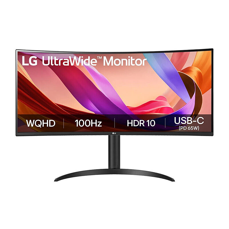 Front view of the LG 34BQ65VA-B 34-inch curved WQHD VA ultrawide monitor in black showing the display and stand on a white background